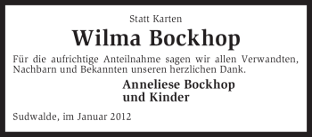 Traueranzeige von Wilma Bockhop von KREISZEITUNG SYKE