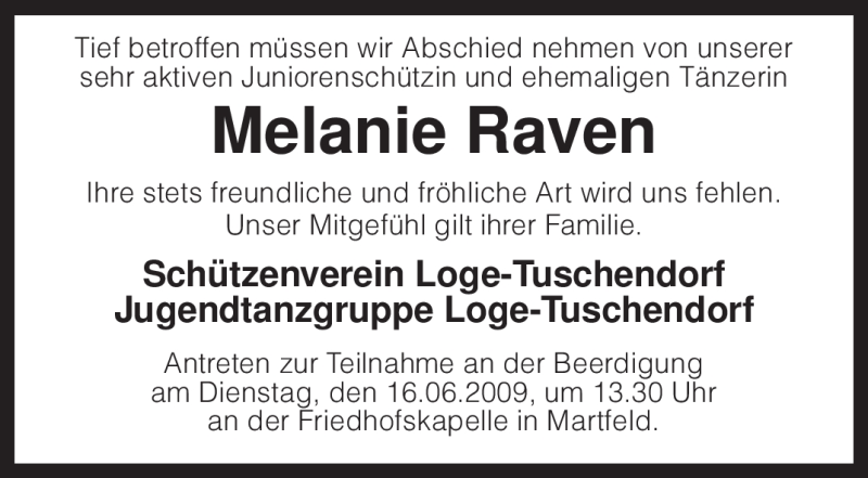  Traueranzeige für Melanie Raven vom 13.06.2009 aus KREISZEITUNG SYKE