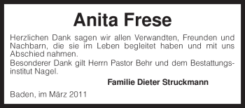 Traueranzeige von Anita Frese von KREISZEITUNG SYKE