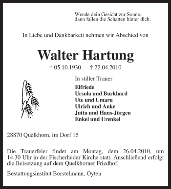 Traueranzeige von Walter Hartung von KREISZEITUNG SYKE