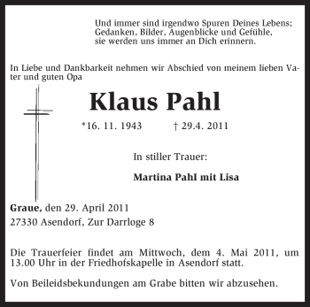 Traueranzeige von Klaus Pahl von KREISZEITUNG SYKE