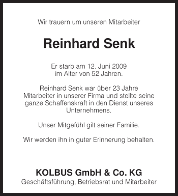 Traueranzeige von Reinhard Senk von KREISZEITUNG SYKE