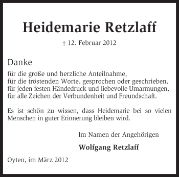 Traueranzeige von Heidemarie Retzlaff von KREISZEITUNG SYKE