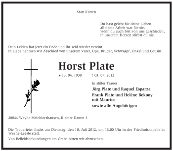 Traueranzeige von Horst Plate von KREISZEITUNG SYKE