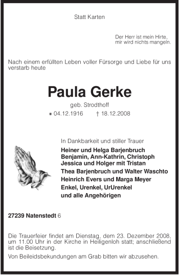 Traueranzeige von Paula Gerke von KREISZEITUNG SYKE