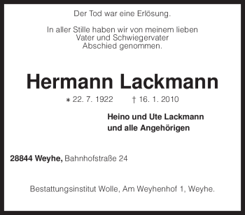 Traueranzeige von Hermann Lackmann von KREISZEITUNG SYKE