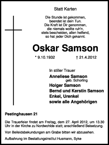 Traueranzeige von Oskar Samson von KREISZEITUNG SYKE