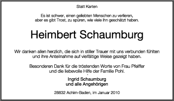 Traueranzeige von Heimbert Schaumburg von KREISZEITUNG SYKE