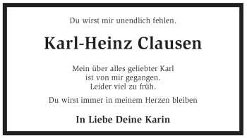 Traueranzeige von Karl-Heinz Clausen von KREISZEITUNG SYKE