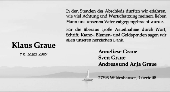 Traueranzeige von Klaus Graue von KREISZEITUNG SYKE