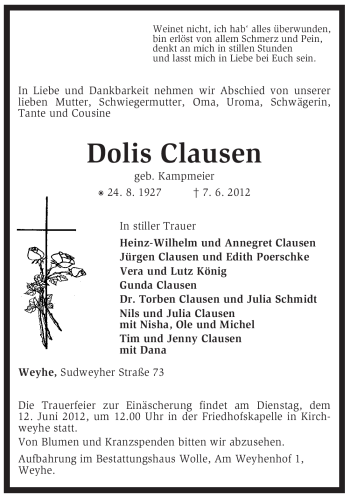 Traueranzeige von Dolis Clausen von KREISZEITUNG SYKE