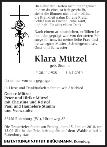 Traueranzeige von Klara Mützel von KREISZEITUNG SYKE
