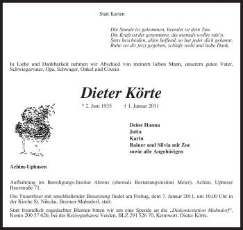 Traueranzeige von Dieter Körte von KREISZEITUNG SYKE