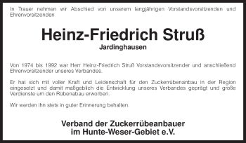 Traueranzeige von Heinz-Friedrich Struß von KREISZEITUNG SYKE