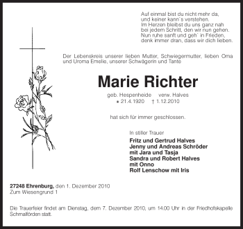 Traueranzeige von Marie Richter von KREISZEITUNG SYKE