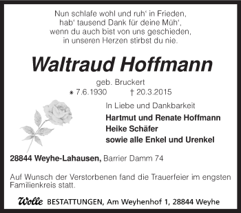 Traueranzeige von Waltraud Hoffmann von KRZ