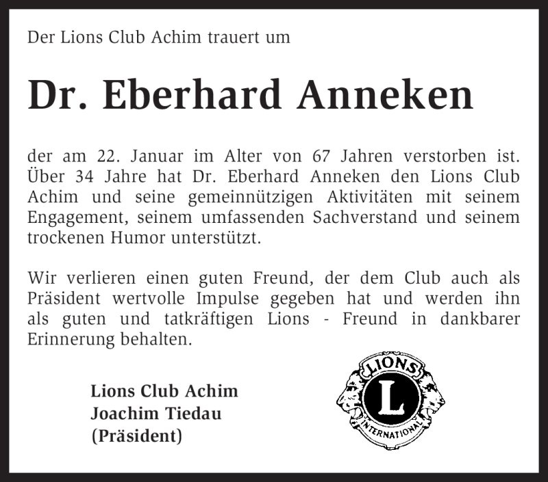  Traueranzeige für Eberhard Anneken vom 27.01.2012 aus KREISZEITUNG SYKE