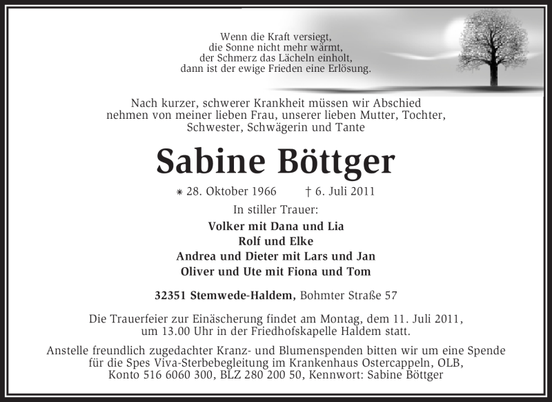  Traueranzeige für Sabine Böttger vom 08.07.2011 aus KREISZEITUNG SYKE