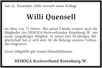 Traueranzeige von Willi Quensell von KREISZEITUNG SYKE