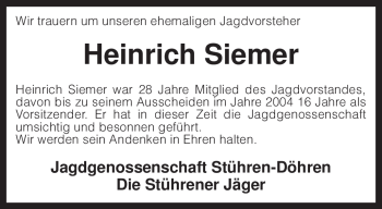 Traueranzeige von Heinrich Siemer von KREISZEITUNG SYKE