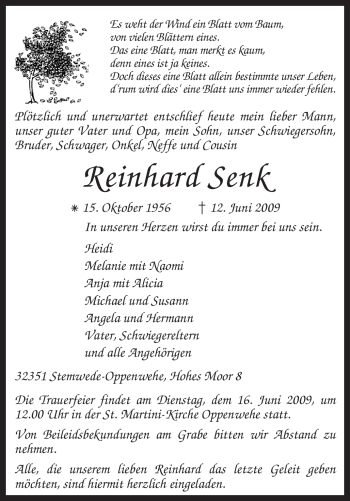 Traueranzeige von Reinhard Senk von KREISZEITUNG SYKE