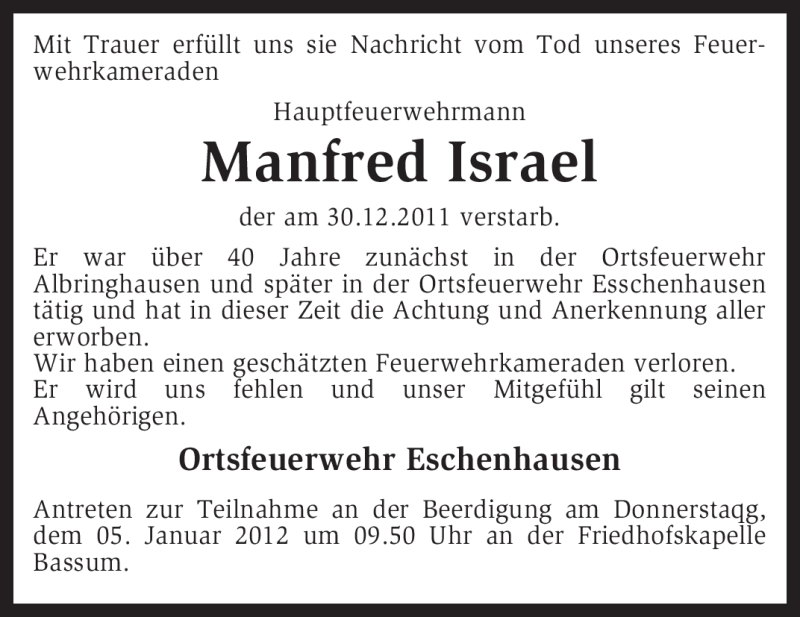  Traueranzeige für Manfred Israel vom 03.01.2012 aus KREISZEITUNG SYKE