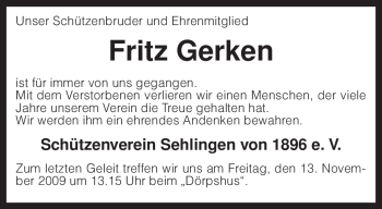 Traueranzeige von Fritz Gerken von KREISZEITUNG SYKE