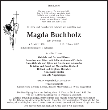 Traueranzeige von Magda Buchholz von KRZ