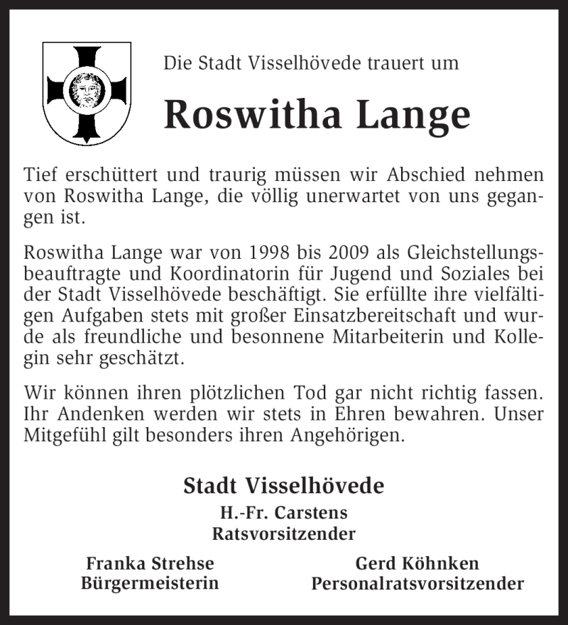  Traueranzeige für Roswitha Lange vom 03.12.2011 aus KREISZEITUNG SYKE