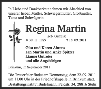 Traueranzeige von Regina Martin von KREISZEITUNG SYKE