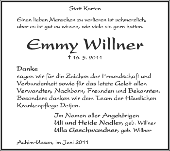 Traueranzeige von Emmy Willner von KREISZEITUNG SYKE