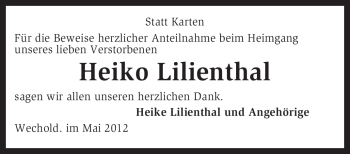 Traueranzeige von Heiko Lilienthal von KREISZEITUNG SYKE