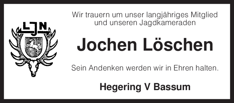  Traueranzeige für Jochen Löschen vom 27.04.2011 aus KREISZEITUNG SYKE