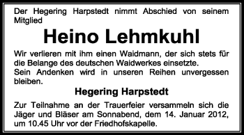 Traueranzeige von Heino Lehmkuhl von KREISZEITUNG SYKE