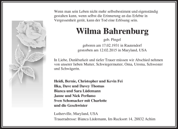 Traueranzeige von Wilma Bahrenburg von KRZ