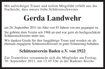 Traueranzeige von Gerda Landwehr von KREISZEITUNG SYKE