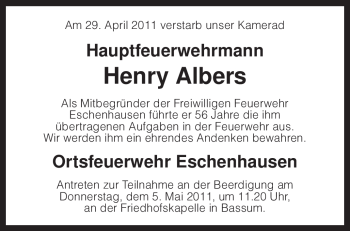 Traueranzeige von Henry Albers von KREISZEITUNG SYKE