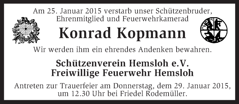  Traueranzeige für Konrad Kopmann vom 27.01.2015 aus KRZ