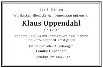 Traueranzeige von Klaus Uppendahl von KREISZEITUNG SYKE