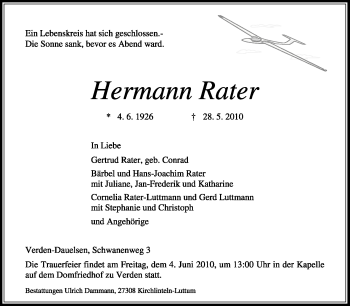 Traueranzeige von Hermann Rater von KREISZEITUNG SYKE