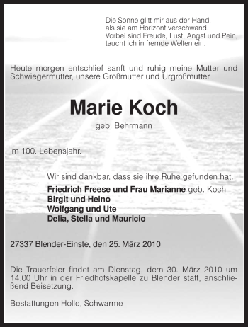 Traueranzeige von Marie Koch von KREISZEITUNG SYKE