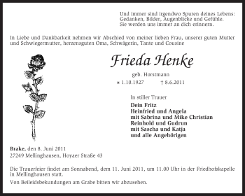 Traueranzeige von Frieda Henke von KREISZEITUNG SYKE