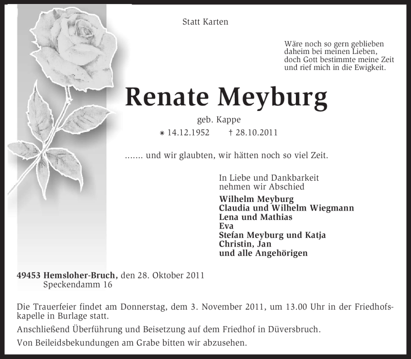  Traueranzeige für Renate Meyburg vom 01.11.2011 aus KREISZEITUNG SYKE