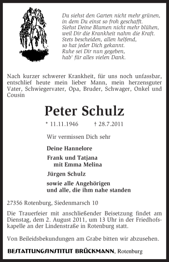 Traueranzeige von Peter Schulz von KREISZEITUNG SYKE