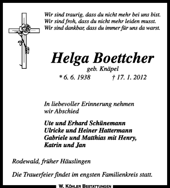 Traueranzeige von Helga Boettcher von KREISZEITUNG SYKE