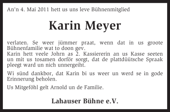 Traueranzeige von Karin Meyer von KREISZEITUNG SYKE