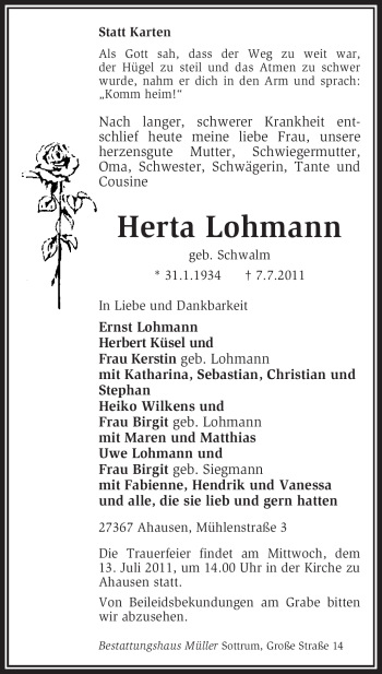 Traueranzeige von Herta Lohmann von KREISZEITUNG SYKE