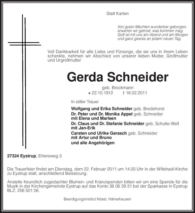 Traueranzeigen von Gerda Schneider | trauer.kreiszeitung.de