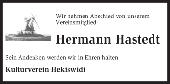 Traueranzeige von Hermann Hastedt von KREISZEITUNG SYKE