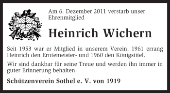 Traueranzeige von Heinrich Wichern von KREISZEITUNG SYKE